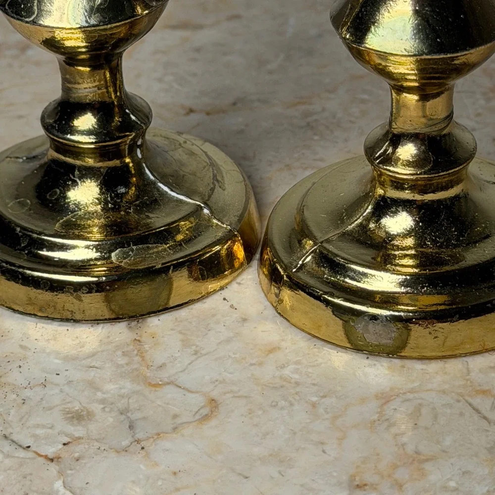Vintage Made in England Brass Candlestick Set 4 Inch Gold Baluster Taper Holders